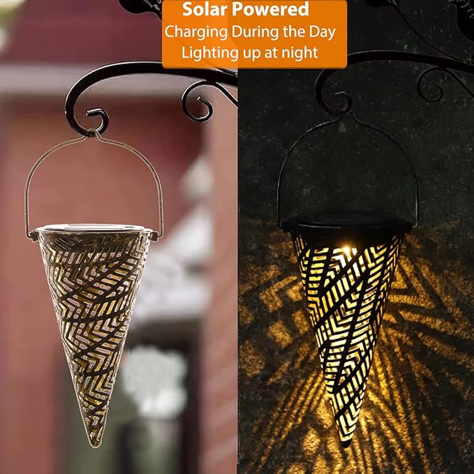 Outdoor Decorative Solar Hanging Lights with Delicate Hollow Conical Lantern Design - Set of 3 Chandelier for Patio, Tree, Garden, Yard, Porch, Backyard Pathway and Christmas Decoration.