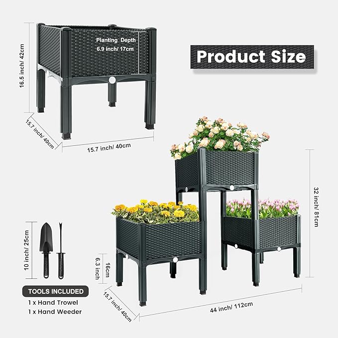 MAYOLIAH Raised Garden Bed with Drainage Elevated Planter Box Plastic Raised Beds for Gardening Vegetables Herb Flowers, Perfect for Indoor Outdoor Planting, 3 Boxes Grey