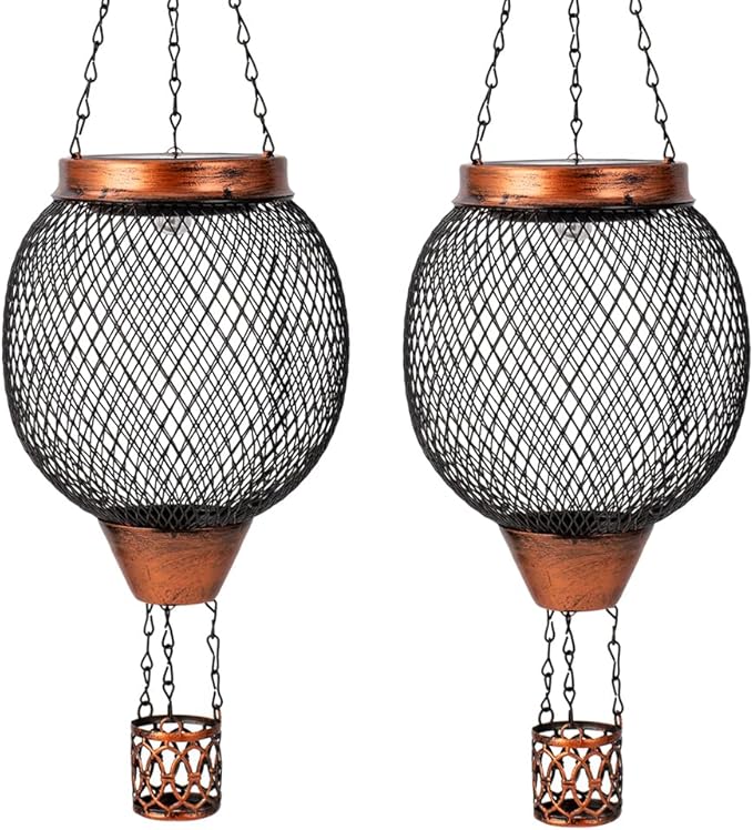 Starsoul 2 PC Cage Hot Air Balloon Solar Lantern with Flame Glass Outdoor Hanging Hot Air Balloon Solar Light Lamp Waterproof Garden Patio Yard Party Decorations