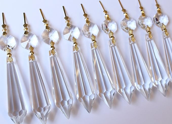 H&D 15pcs Large Clear Crystal Chandelier 60mm Icicle U-Drop Prisms Lamp Parts Brass Connectors