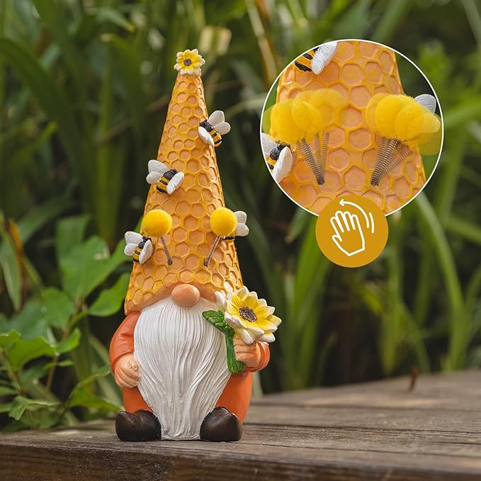 pearlstar Garden Gnome Statues Bee Solar Light 10.2" Tall Large Resin Figurine Outdoor Funny Home Yard Patio Decoration Fall Thanksgiving