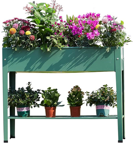 Raised Garden Bed, Elevated Planter Green Metal Plant Box with Legs Standing Garden Stand Drainage Holes Green (Green 40" L x 11" W x 31" H)