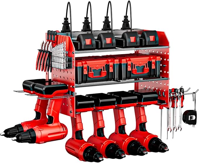 Power Tool Organizer with Charging Station, 6 Drill Holder Wall Mount, 3 Layer Garage Tool Organizer with Hooks, Screwdriver, Drill Bit Rack, Heavy Duty Utility Shelf for Garage, Gifts for Men