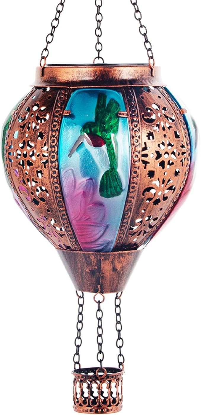 Hot Air Balloon Solar Lantern Hummingbird Lights, Flickering Flame Solar Hanging Lights for Outside,Waterproof for Garden Yard Patio Porch Decoration（Hummingbird）