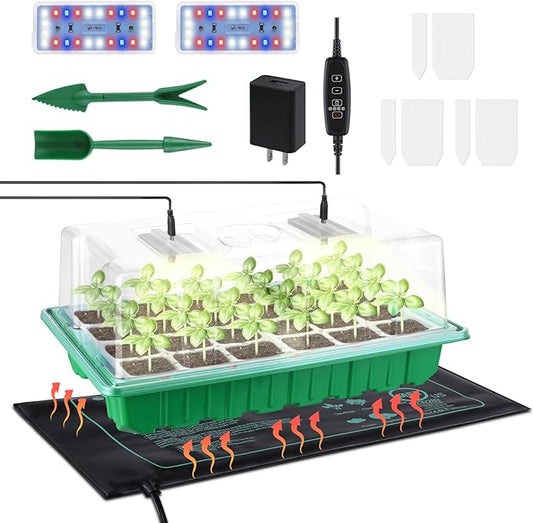 Large Seed Starter Trays with Heat Mat, Seed Starter Kit with 48 Full Spectrum LEDs, 24 Large Cells Seed Germination Kit with Adjustable Humidity Vents for Indoor Plants Seeds Starting