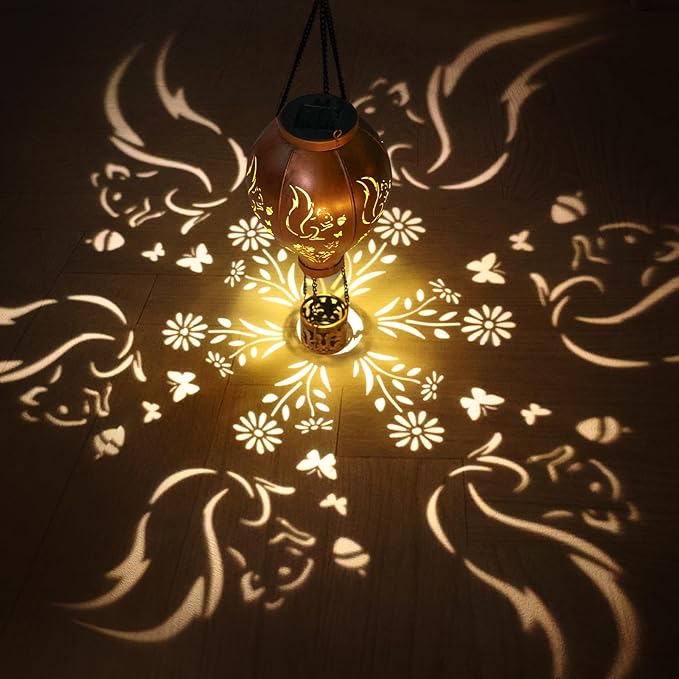 Squirrel Solar Lights Outdoor Waterproof Hot Air Balloon Metal Hanging LED Lantern Decoration Garden,Patio,Yard,Porch for Christmas Decor Gifts for Women Mom Friends