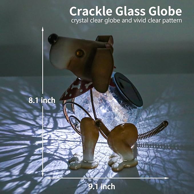 MUMTOP Solar Lanterns Outdoor Waterproof LED Crackle Glass Globe Solar Lights Decorative Dog Tabletop Lantern Metal Yard Art for Patio Garden Table Decor