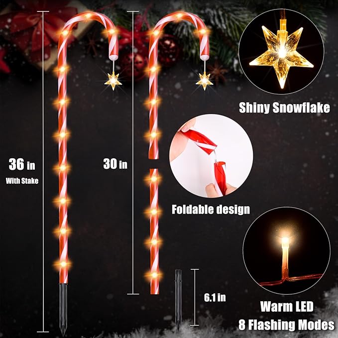 36" Outdoor Christmas Decorations, Real 30" Red Candy Cane Lights Outdoor Pathway 8 Flashing Modes, 12 Pack Christmas Candy Cane Lights, Christmas Decorations Outdoor Yard, Warm Lights with Star