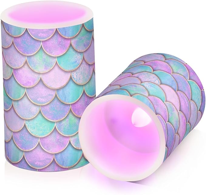 Vdsrup Flameless Candles Set of 2 Purple Teal LED Candles with Timer Battery Operated Mermaid Scale Candle Lights Flickering with Remote for Home Bedroom Decor