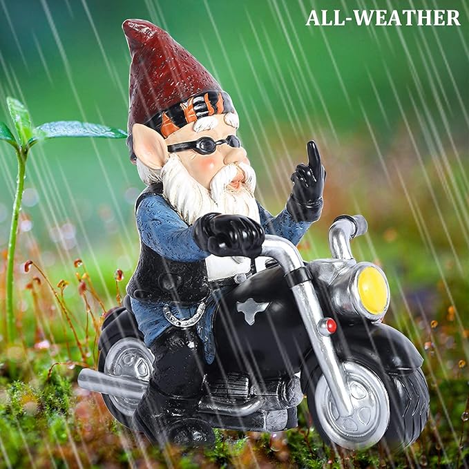 Garden Gnome Riding Motorcycle Funny Outdoor Gnome Decoration Indoor Outdoor Lawn Figurines for Home Yard Décor, Small