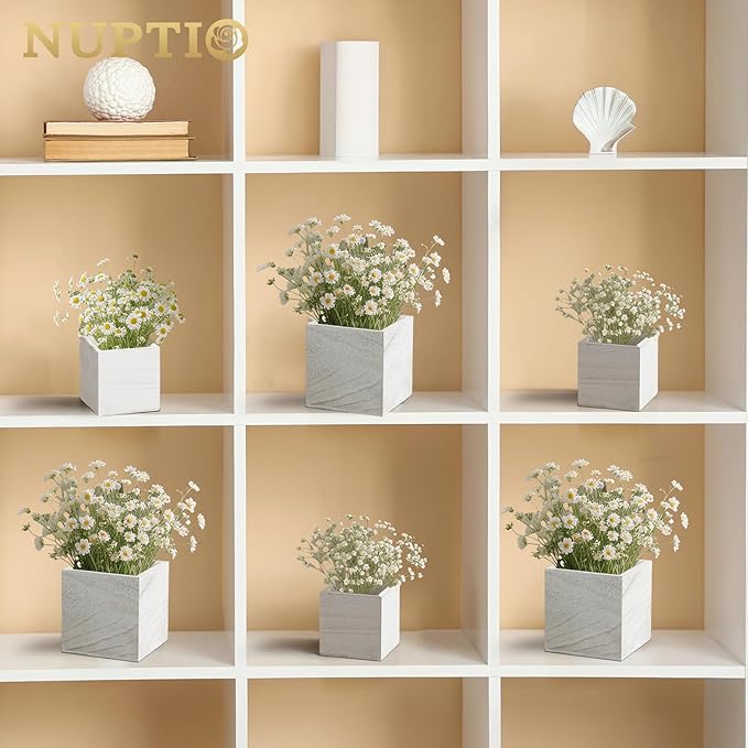 NUPTIO Wooden Box for Centerpiece Wedding: 6 Pcs Rustic Square Planter Box FarmhouseTable Fall Decor - 4×4" & 5×5" Whitewashed Small Wood Vases Flower Pots for Windowsill Home Garden