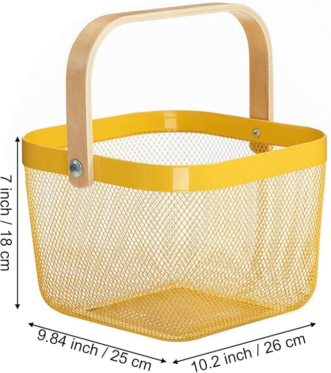 Metal Mesh Steel Basket, Storage Organizer Basket Multi-functional Hanging Kitchen Baskets Fruit Baskets with Wooden Handle for Kitchen Bathroom Picnic Shopping Decor Cabinet Home, Yellow