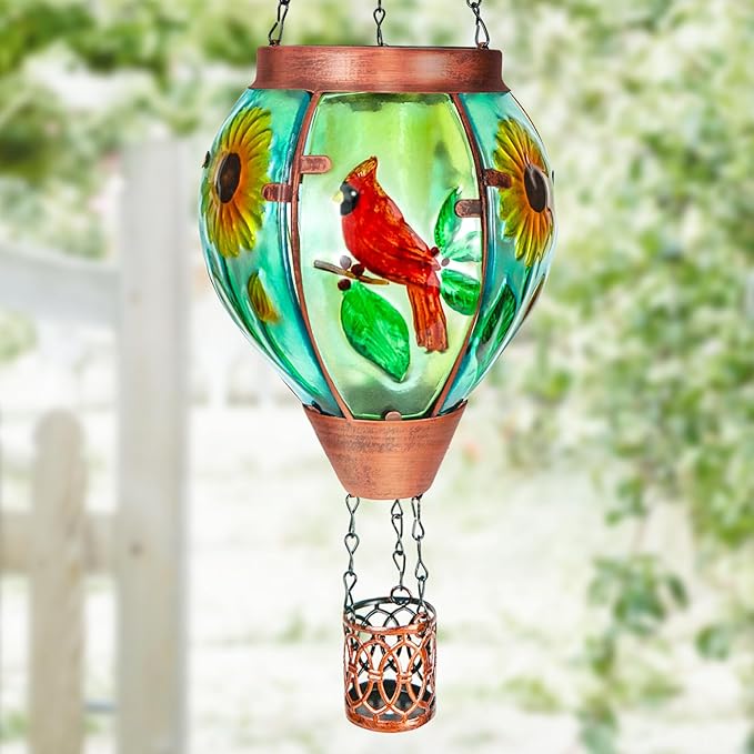 Solar Hot Air Balloon Lantern with Flame， Cardinal Glass Solar Hanging Lights Outdoor Yard Patio Farmhouse Decoration, Cardinal Gifts for Women Grandma Mom - Cardinal