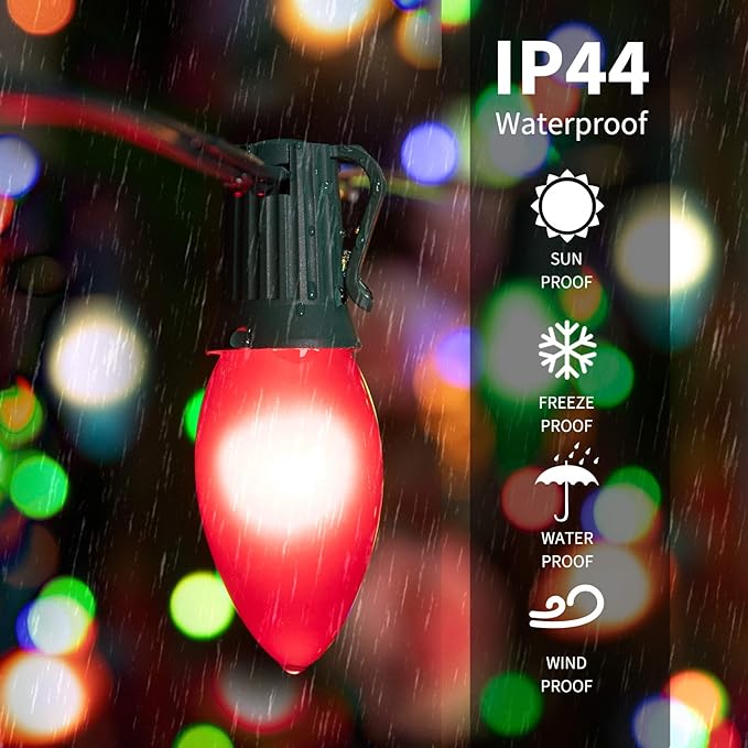 Multicolor C9 Christmas Lights Ceramic, C9 50ft Vintage Incandescent String Lights with Opaque Bulbs for Christmas Tree Patio Roofline Outdoor Indoor Holiday Xmas Decorations, 50 Bulbs with 2 Spare