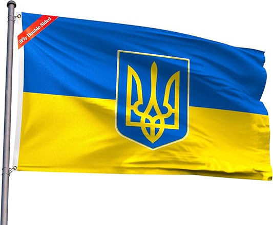 Double Sided Ukraine Trident Flag 4x6FT Ukrainian Coat of Arms National Polyester Banner With 2 Grommets Fade Resistant Vivid Color For Patriotic Festival Events Party Decoration