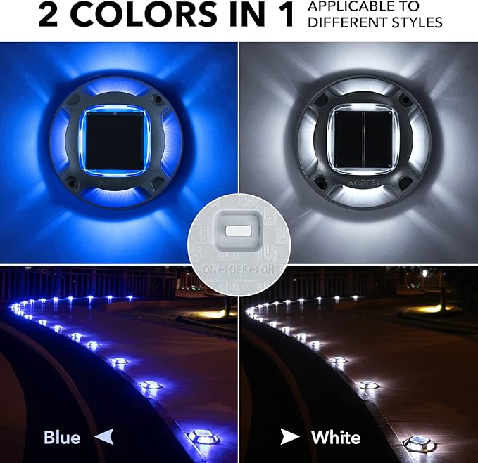 AGPTEK Solar Driveway Lights Outdoor 12 Pack, 2 Color Modes LED Deck Dock Marine Waterproof Security Marker Lights for Step Sidewalk Stair Garden Pathway Walkway Yard(Blue Light/Cool White)
