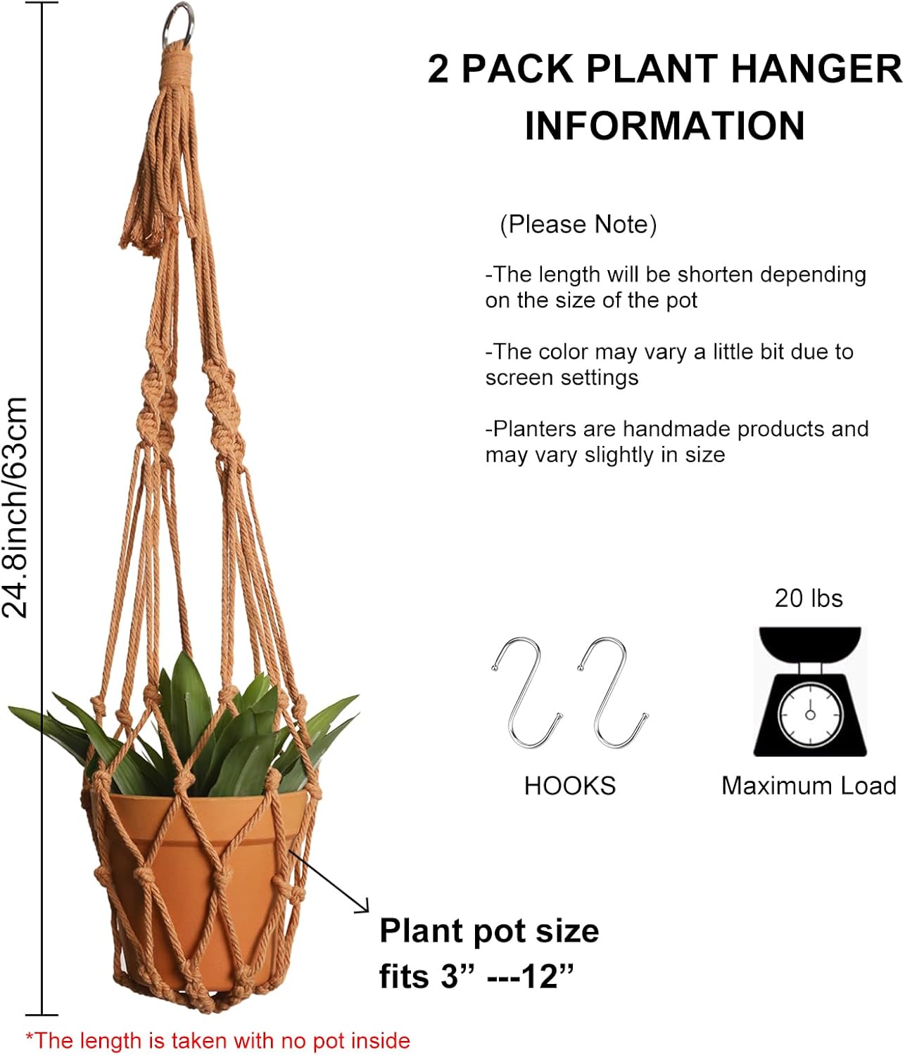 Artilady Macrame Hanging Planter for Indoor Plants, Boho Woven Plant Hanger Large Hanging Flower Pot Holders Outdoor Baskets Storage No Tassels Brown Wall Decor