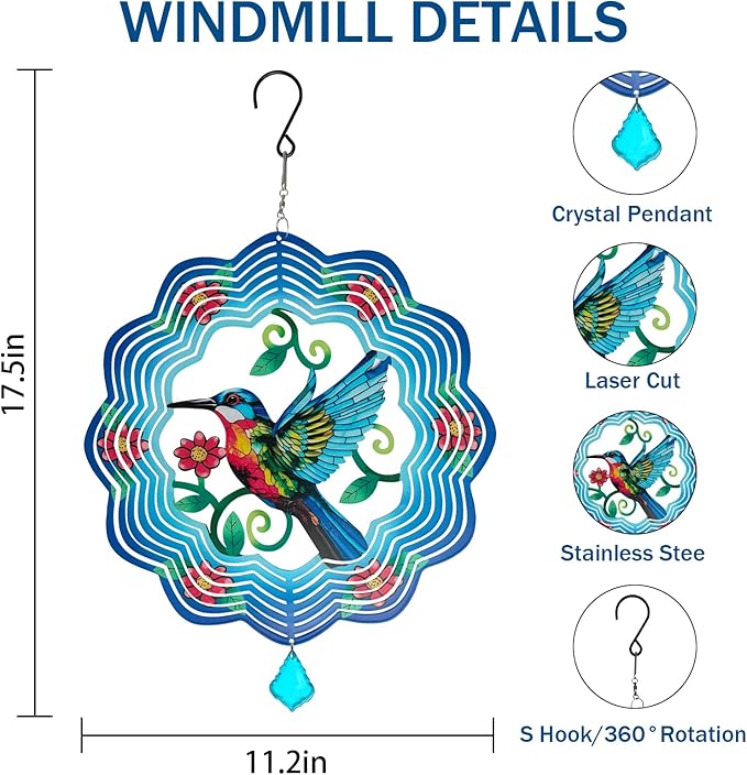 Hummingbird Metal Wind Spinners - 12 Inch Hanging Metal Wind Spinner for Outdoor & Indoor Decor, Hummingbird Kinetic Sculpture for Christmas Ornament Gifts, Yard Art and Garden Decorations