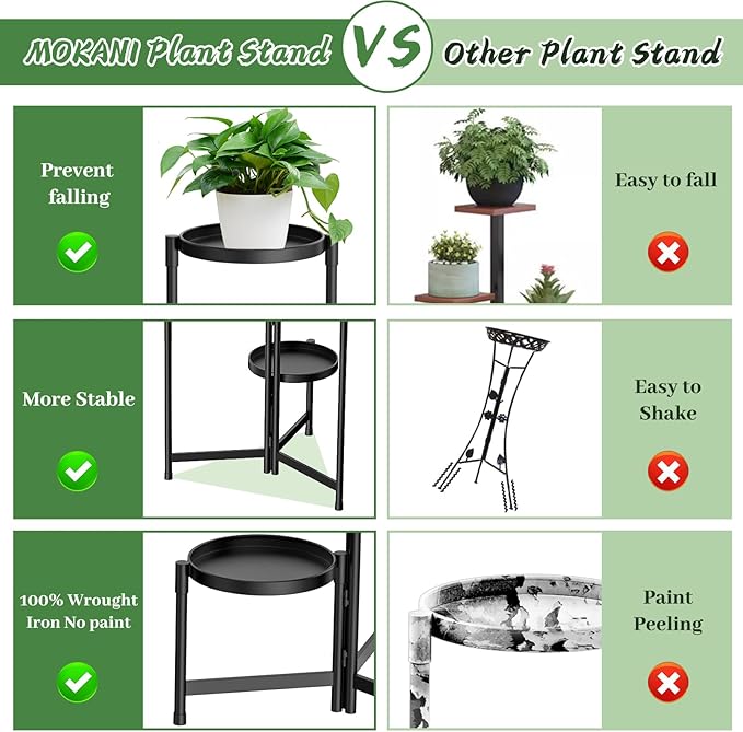 MOKANI Metal Plant Stand Indoor Outdoor for Multiple Plants, 3 Tiered Folding Corner Shelf Tall Flower Pot Holder Display Rack for Patio Living Room Balcony Garden, Black
