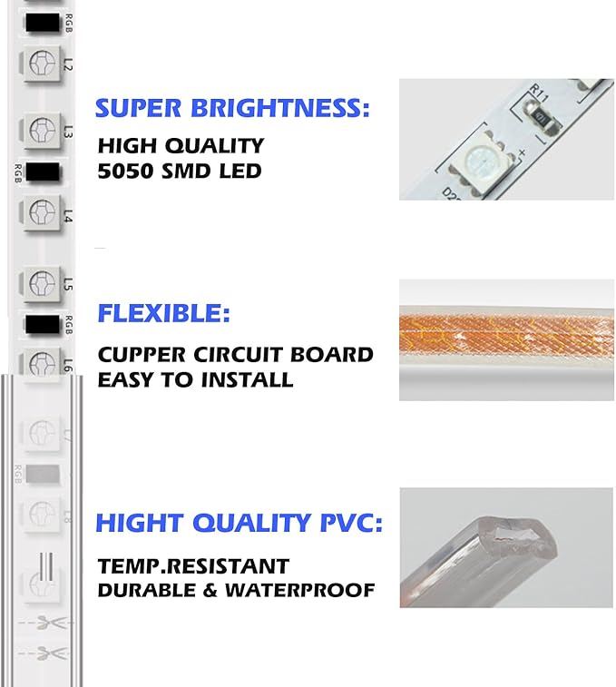 5050-60 Type AC 110-120V White LED Strip Lights, Flexible/Waterproof/Dimmable/Multi-Modes LED Rope Light + 23 Keys Remote for Home/Garden/Building Decoration (32.8ft/10m, White 6000K)