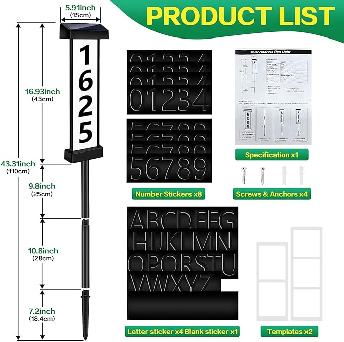 DBF Solar Address Sign, Dual-Sided House Numbers for Outside Waterproof, 3 Colors LED Illuminated Solar Powered Address Plaque with stakes, Outdoor House Number for Home Yard Garden Street
