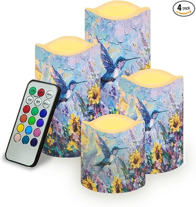 Ystardream Flameless LED Battery Candles Pack of 4 Waterproof Pillar Candles Tealights with 18-Key Timer Remote Colorful Lights for Outdoor Home Decoration Oil Painting Hummingbird