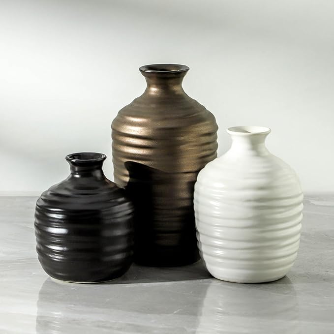 Ceramic Vase Set of 3 Decorative Vase for Home Decor Modern Farmhouse Decor Pottery Neutral Vases for Living Room Bathroom Table Mantel Fireplace Entryway Shelf (02-Metallic)