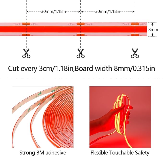 32.8ft(10M) DC 24V Red COB LED Strip Light IP65 Waterproof 3840LEDs Uniform Glow Dotless Flexible LED Tape Lights for DIY Garden Backyard Hallways Stairs Decoration(No Power Supply)
