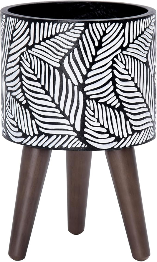 D'vine Dev 8 Inch Planter Pot with Stand, Mid-Century Tall Plant Pot with Legs for Indoor Plants, Small, White/Grey, 88-L-A-7