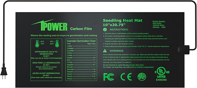 iPower 10" x 20.75" Seeding Heat Mat Upgraded Carbon Film Indoor Warm Hydroponic Plant Germination Starting Pad Durable Waterproof, Black