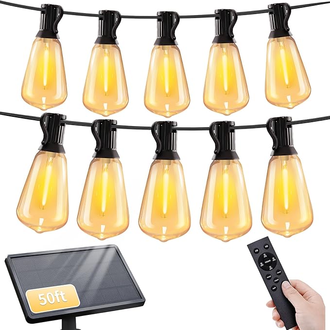 50ft Solar String Lights with Remote, 25+1 Bulbs Solar Patio Lights Outdoor Waterproof, Solar Powered Dimmable Deck Lights for Garden Porch Party