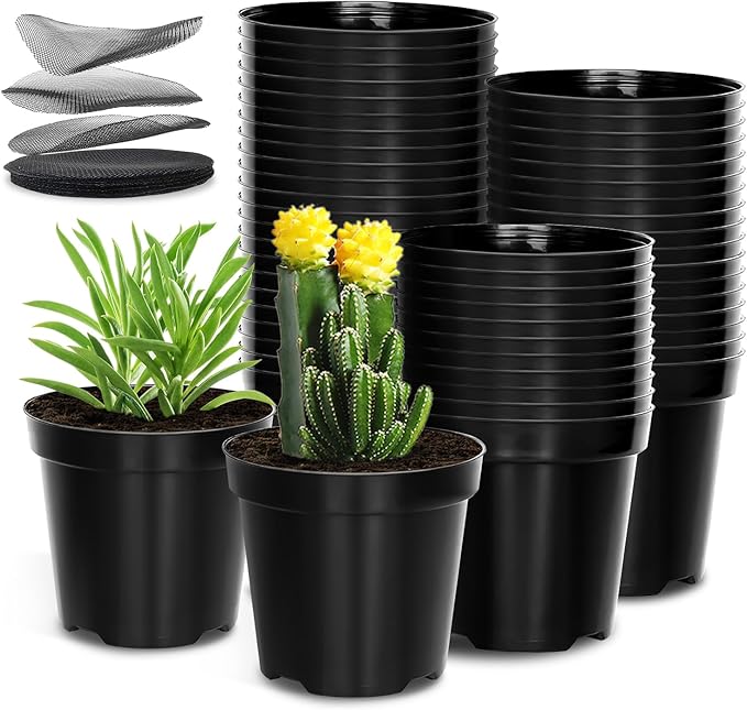 40 Pack 4 Inch Plant Nursery Pots with Mesh Pad, Sturdy Plastic Flower Planter Pots with Drainage Holes, Seed Starter Pots for Planting Seedings Cuttings Succulents Indoor Ourdoor, Black