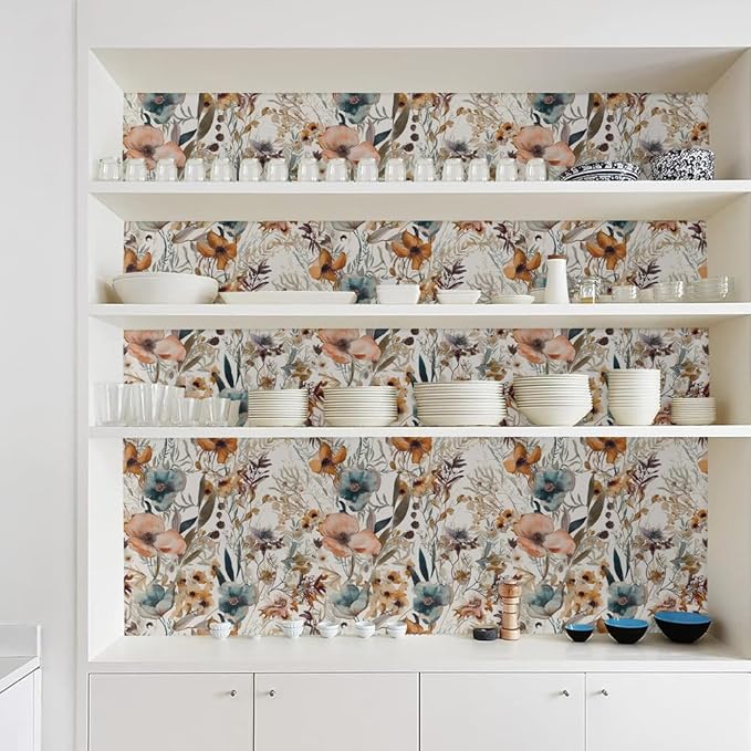 Boho Light Brown Flowers Teal Blue Floral Leaf Plants Vintage Watercolor Peel and Stick Wallpaper Self Adhesive Removable Easy Peel Off Stick on Wall Paper for Bedroom Cabinet Renter