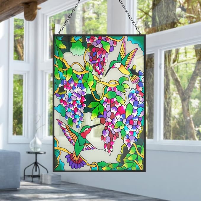 VEWOGARDEN Hummingbird Stained Glass Window Hangings 10" W x 15" H Bird Suncatcher Panel with Chain Windows Hanging Decor Ornament Gift