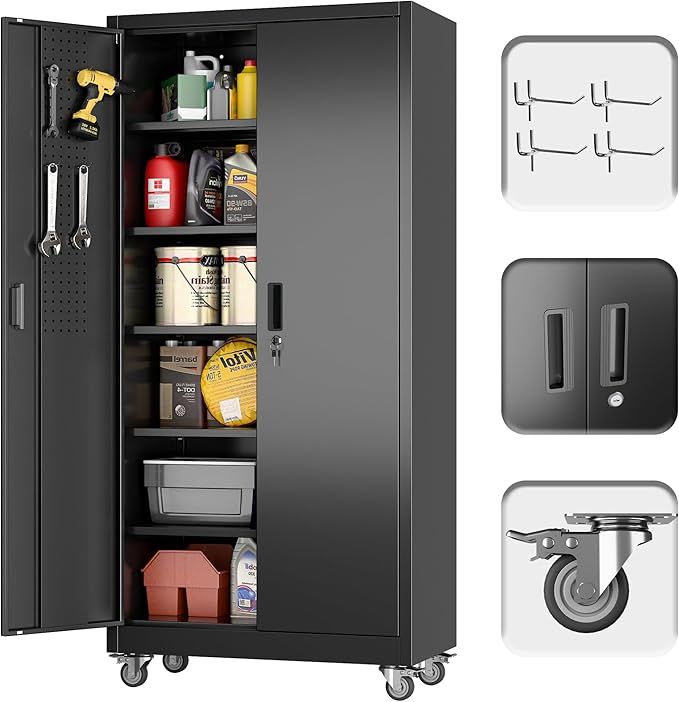 71" H×32" W×16" D Garage Storage Cabinet with Wheels, Locking Metal Storage Cabinet with 5 Adjustable Shelves, 4 Hooks and Pegboard for Garage, Home Office, Kitchen, Black, Assembly Required