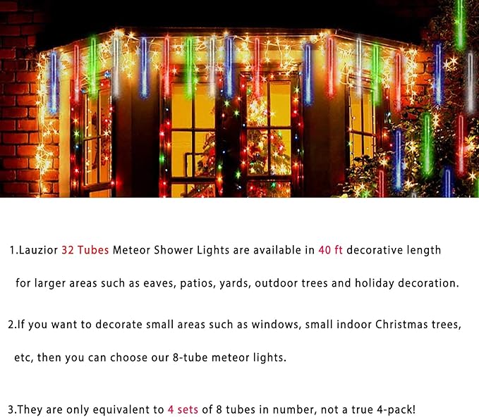 Christmas Outdoors Decoration, 32 Tubes Meteor Shower Lights Outdoor Indoor, Lauzior Snow Falling Icicle Cascading Lights for Christmas Halloween Decor Xmas Tree Holiday Yard Wedding Party, Multicolor