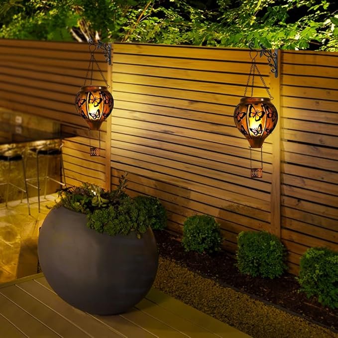 pearlstar Hot Air Balloon Solar Lantern with Flickering Flame Light Outdoor Solar Hanging Lights Waterproof for Garden Yard Farmhouse Patio Pathway Outside Decoration,Glass(Butterfly)