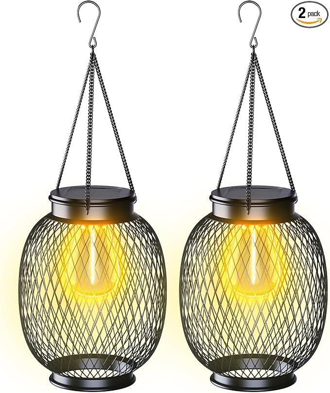 Solar Lanterns Outdoor Waterproof, 2 Pack Vintage Metal Solar Hanging Lanterns Outdoor with Hooks Solar Garden Decoration Lights Solar Lights Outdoor for Patio Balcony Yard Lawn, Black