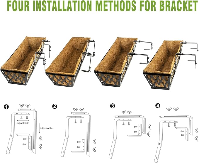 4 Pack 24 Inch Window Boxes Planters for Outdoor Plants Railing Planter Box with Adjustable Brackets for Windowsill Porch Fence Patio Hanging Flower Coco Baskets for Outside Decoration - Black
