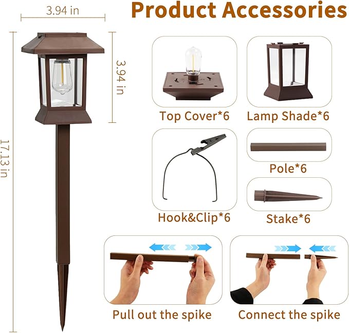 Solar Pathway Lights Outdoor Waterproof IP65, Brown Solar Lights Outdoor with Hook 6PK, Upgraded 1000mAH Battery, Up to 12Hrs, Auto On/Off, Garden Decor for Yard, Driveway, Walkway (Bulb)
