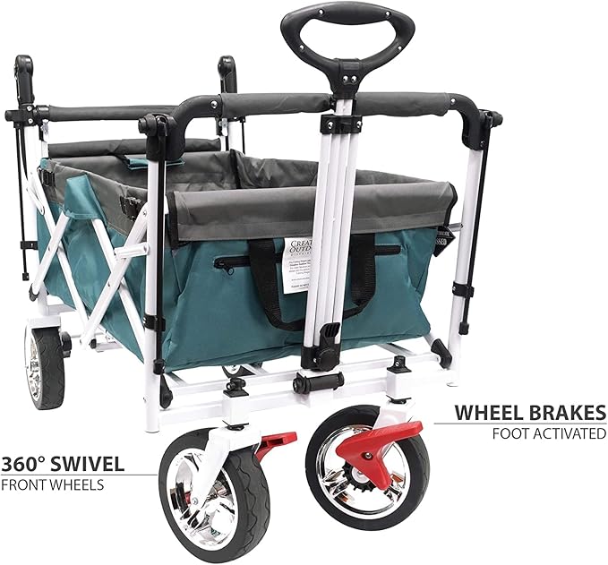 Creative Outdoor Wagon, Push and Pull Double Stroller for Toddlers & Kids with Removable Canopy and Seat Belt Harnesses, Collapsible Folding Garden Cart, Adjustable Handle, Beach Wagon (Teal)