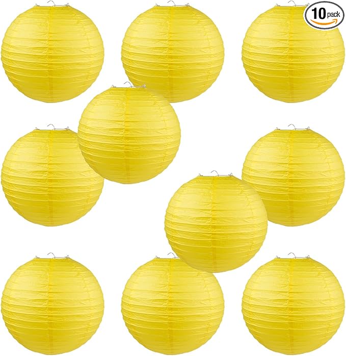 WYZworks Round Paper Lanterns 10 Pack (Yellow, 14") - Hanging Paper Lanterns Lamp for Wedding, Birthday, Party and Home Decorations with 8", 10", 12", 16" Option
