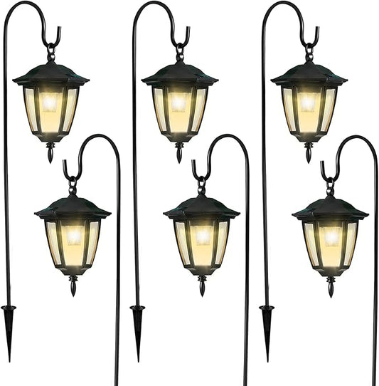 Dynaming 6 Pack Solar Hanging Lights Outdoor, Solar Powered Garden Decorative Lanterns with 6 x 38 Inch Shepherd Hooks, Waterproof Landscape Lighting for Lawn Patio Yard Pathway Driveway, Warm White