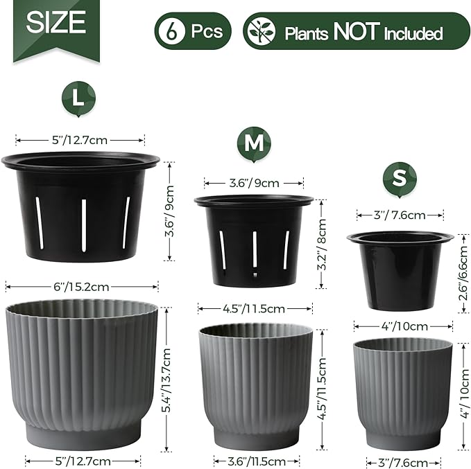 T4U African Violet Pots, 4 Inch Self Watering Pots for Indoor Plants, 6 Pack Small Planters, Durable Charcoal Gray Plastic Small Pots for Indoor Plants, Flower