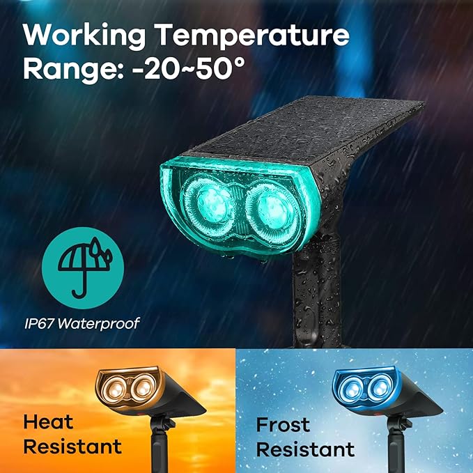 Consciot Solar Color Changing Outdoor Spotlights, 7 Lighting Modes Outside Solar Lights Waterproof IP67, Multicolor Christmas Decorations Landscape Lights for Pathway Patio Fence, Auto On/Off, 2 Pack