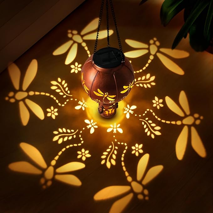 Dragonfly Hot Air Balloon Solar Lights Hollowed Metal Hanging LED Solar Lanterns Outdoor Waterproof Light for Garden Patio Yard Porch Christmas Decor Gifts for Women Mom Friends