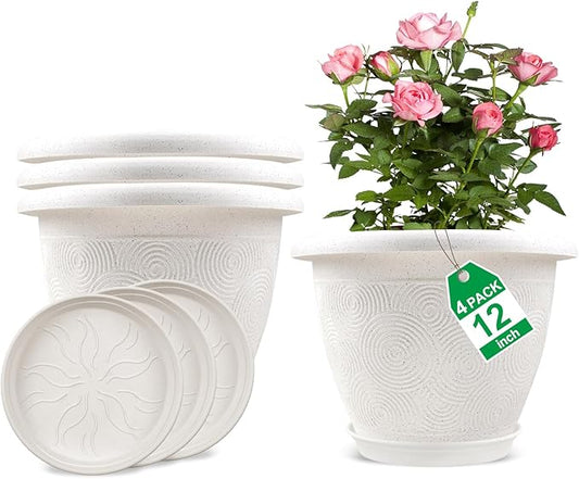 Plastic Flower Pots Planters for Indoor Plants, 4 Pack 12 Inch White Plant Pots with Drainage Hole & Tray, Modern Decorative Large Plant Pot with Saucer for Indoor Outdoor Plants Garden House Planter