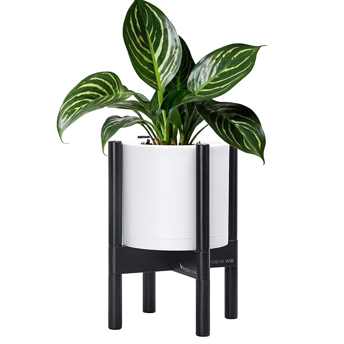 D'vine Dev Planter Pot with Stand - 8 Inch Plastic Cylinder Flower Pot with Wood Planter Holder for Indoor, Matte White Pot + Ebony Stand, 55-C-K-1