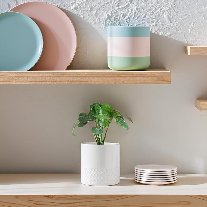 Docrin Ceramic Planters Indoor, 8 Inch Plant Pots with Drainage Holes for Home/Office - White Honeycomb