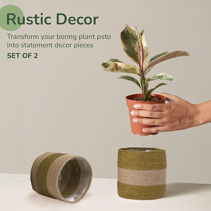 Jute Planter Basket-Woven Jute Rope Covers for Decorating Indoor/Outdoor Succulents, Small Plant Pots-Set of 2-Multi-Purpose Storage Bins 4.5 Inches - Modern Style Décor - Olive & Natural